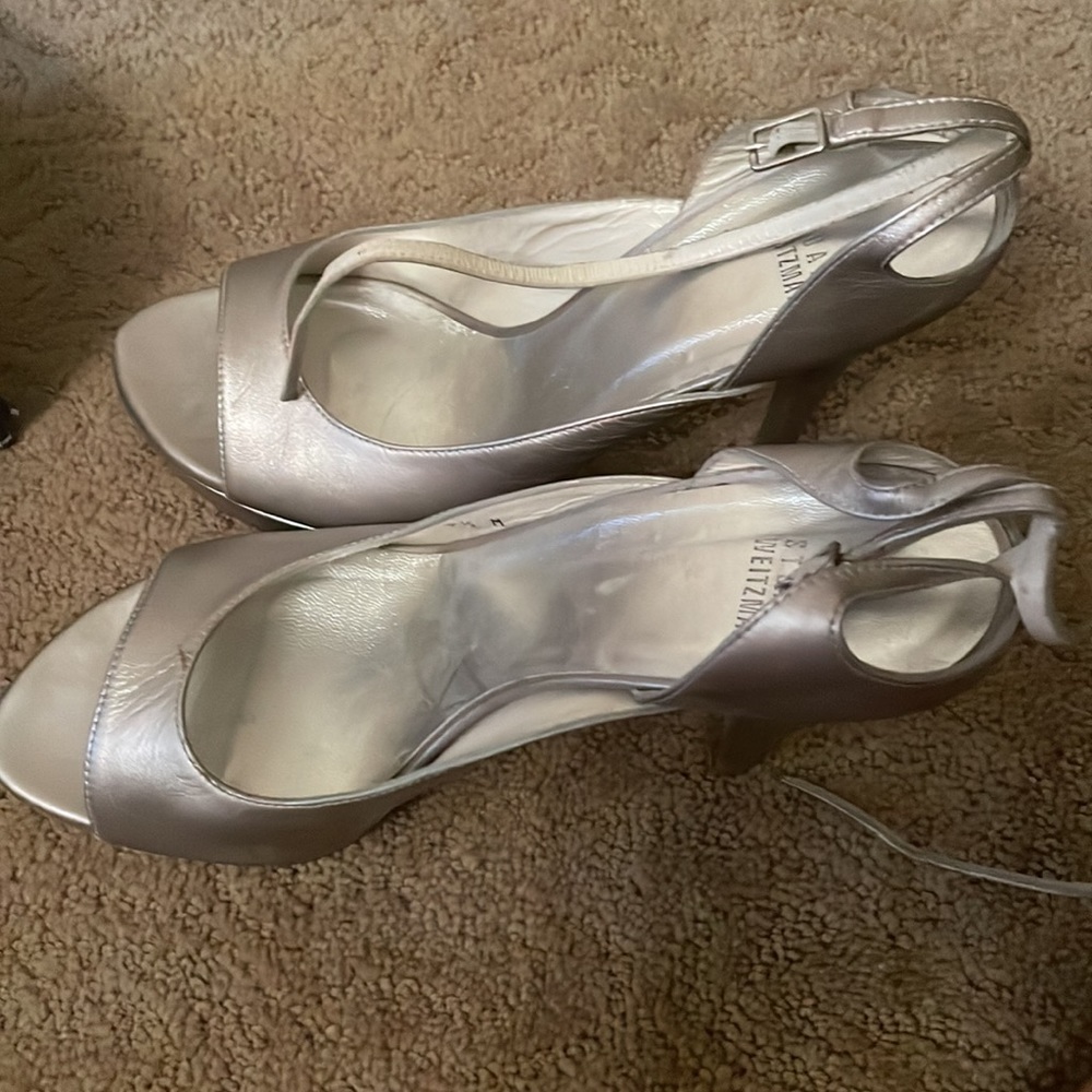 Stuart Weitzman Ankle Strap Open Silver Pumps - image 2